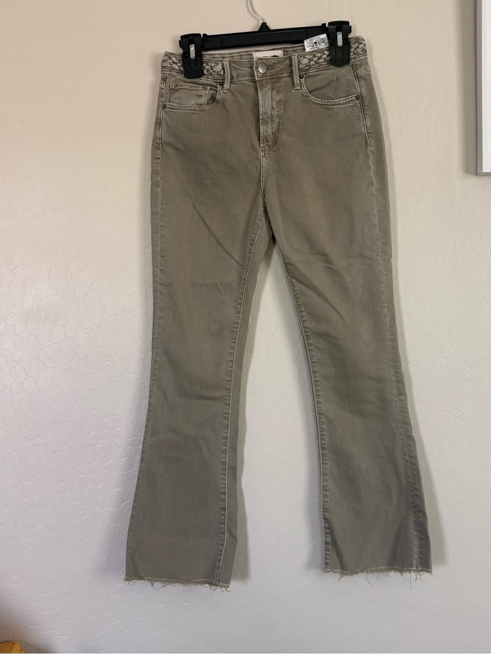 Driftwood Roxy Jeans 26 Olive Green Braided Waist Raw Hem Bootcut Boho Festival